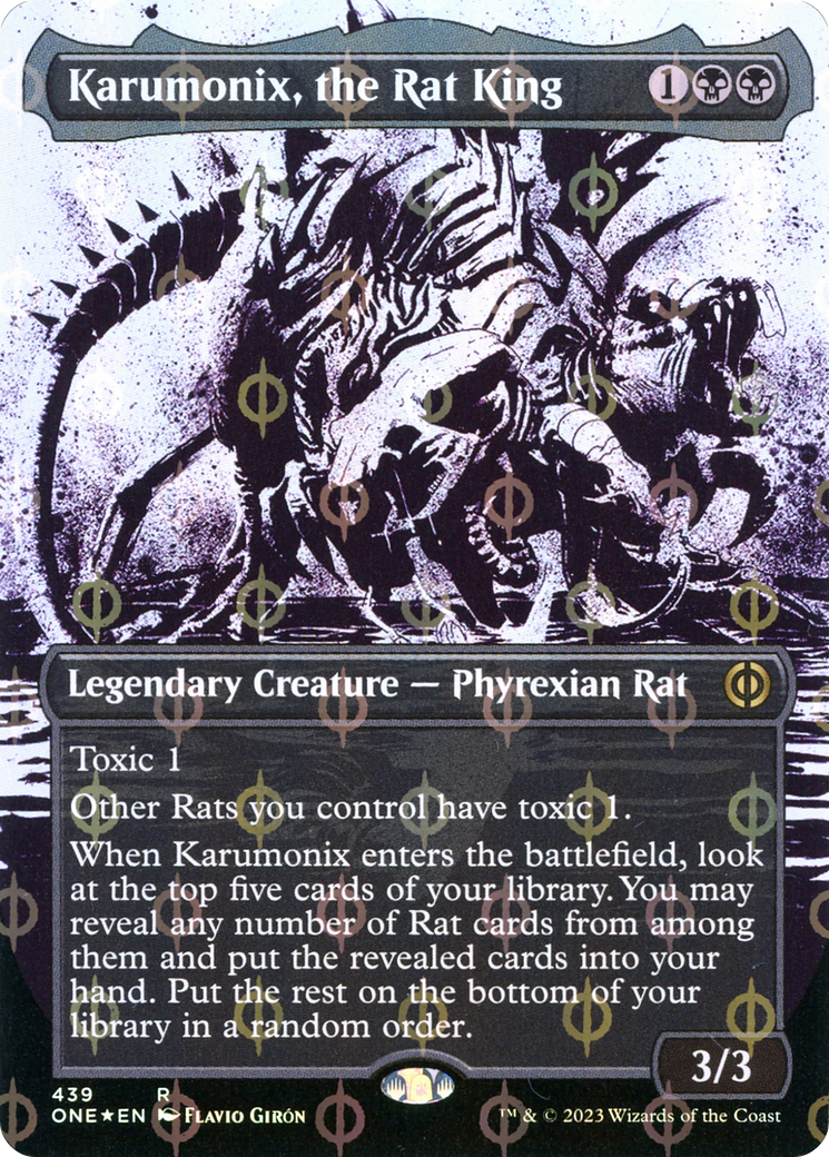 Karumonix, the Rat King (Showcase) (Step-and-Compleat Foil) (ONE-439) - Phyrexia: All Will Be One: (Showcase) (Borderless) Foil