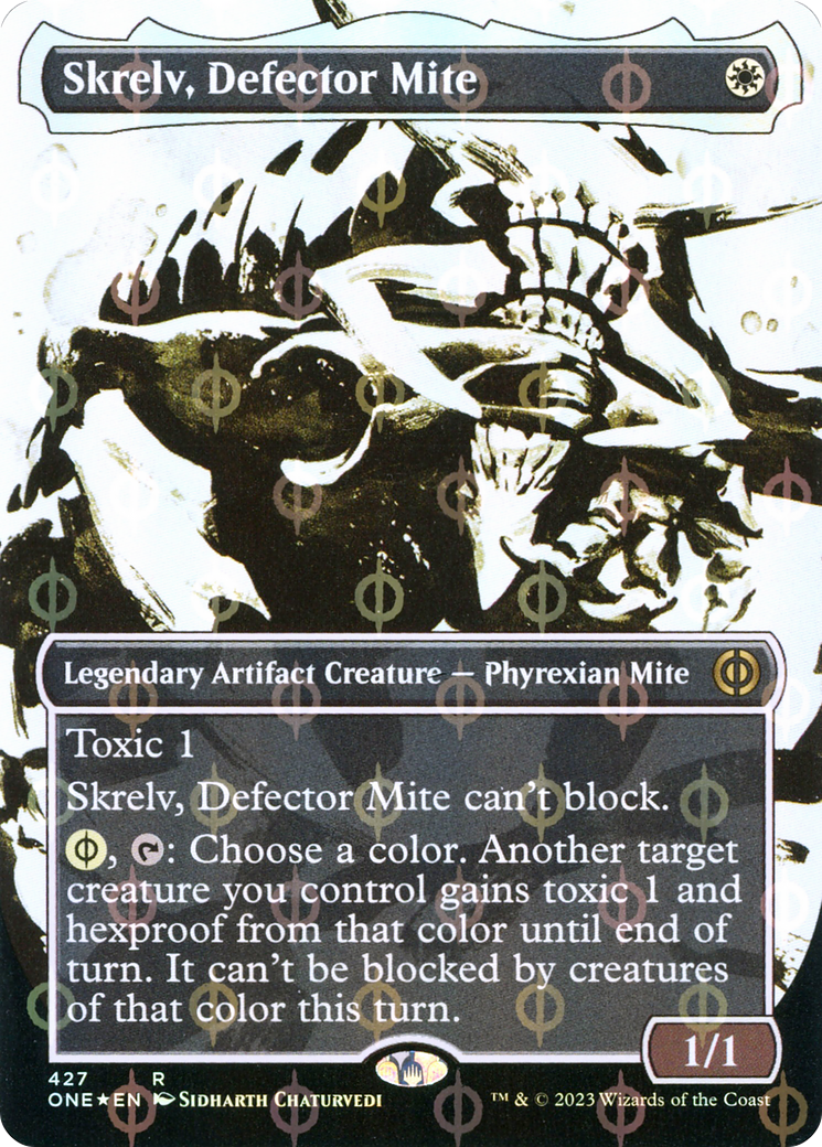 Skrelv, Defector Mite (Showcase) (Step-and-Compleat Foil) (ONE-427) - Phyrexia: All Will Be One: (Showcase) (Borderless) Foil