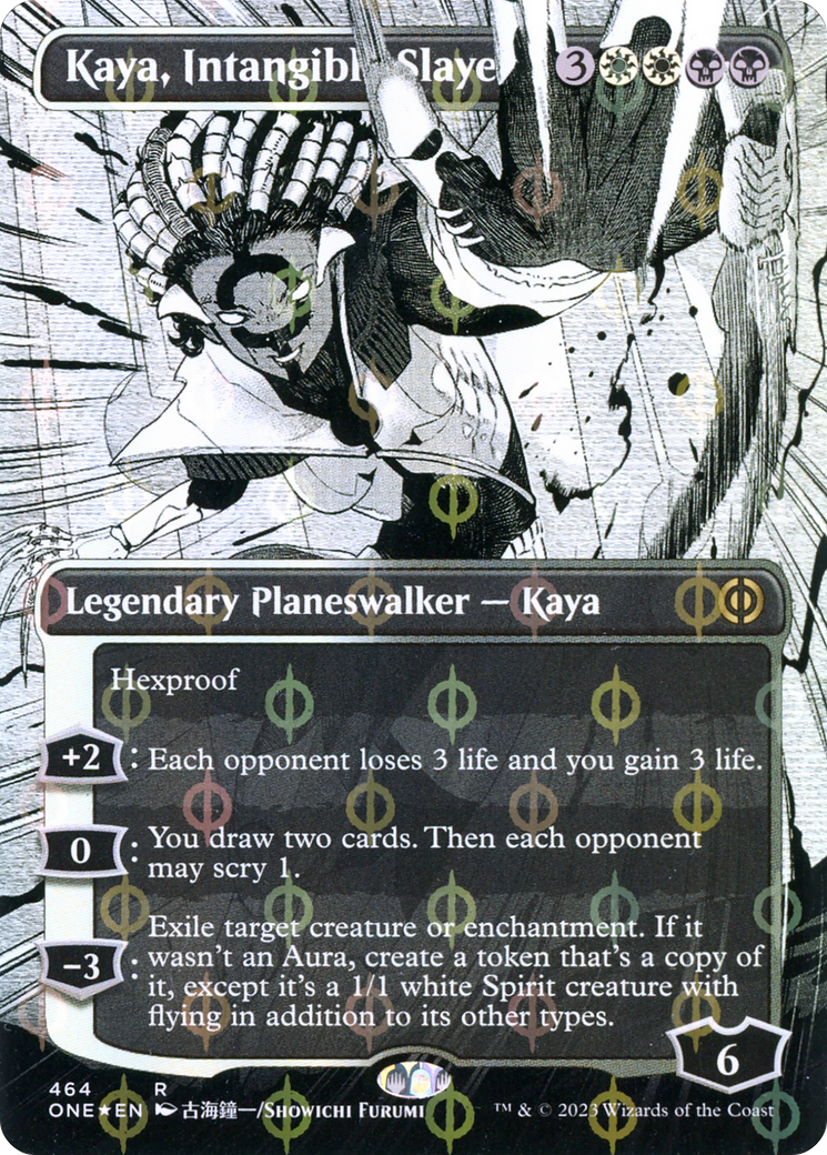 Kaya, Intangible Slayer (Borderless) (Step-and-Compleat Foil) (ONE-464) - Phyrexia: All Will Be One: (Showcase) (Borderless) Foil
