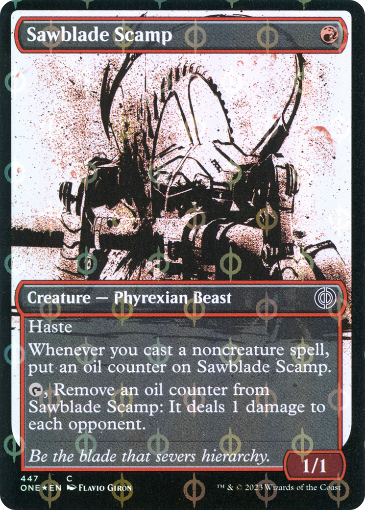 Sawblade Scamp (Showcase) (Step-and-Compleat Foil) (ONE-447) - Phyrexia: All Will Be One: (Showcase) Foil