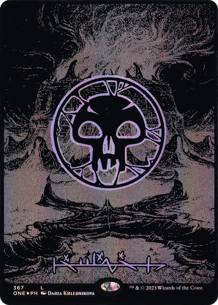 Swamp (Phyrexian) - Full Art (Oil Slick Raised Foil) (ONE-367) - Phyrexia: All Will Be One (Borderless) Foil