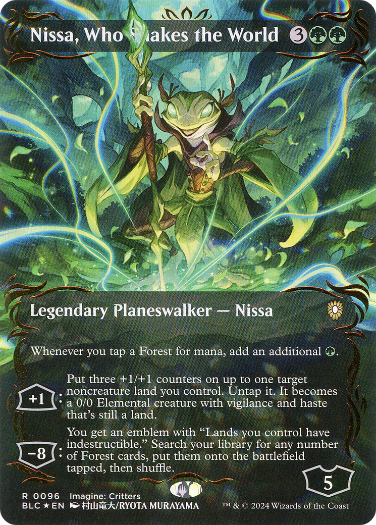 Nissa, Who Shakes the World (Borderless) (Raised Foil) (BLC-096) - Bloomburrow Commander (Borderless) Foil