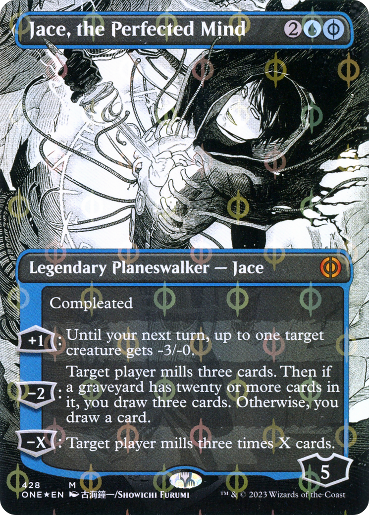 Jace, the Perfected Mind (Borderless) (Step-and-Compleat Foil) (ONE-428) - Phyrexia: All Will Be One: (Showcase) (Borderless) Foil