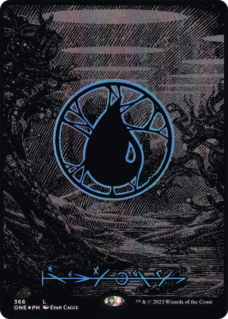 Island (Phyrexian) - Full Art (Oil Slick Raised Foil) (ONE-366) - Phyrexia: All Will Be One (Borderless) Foil