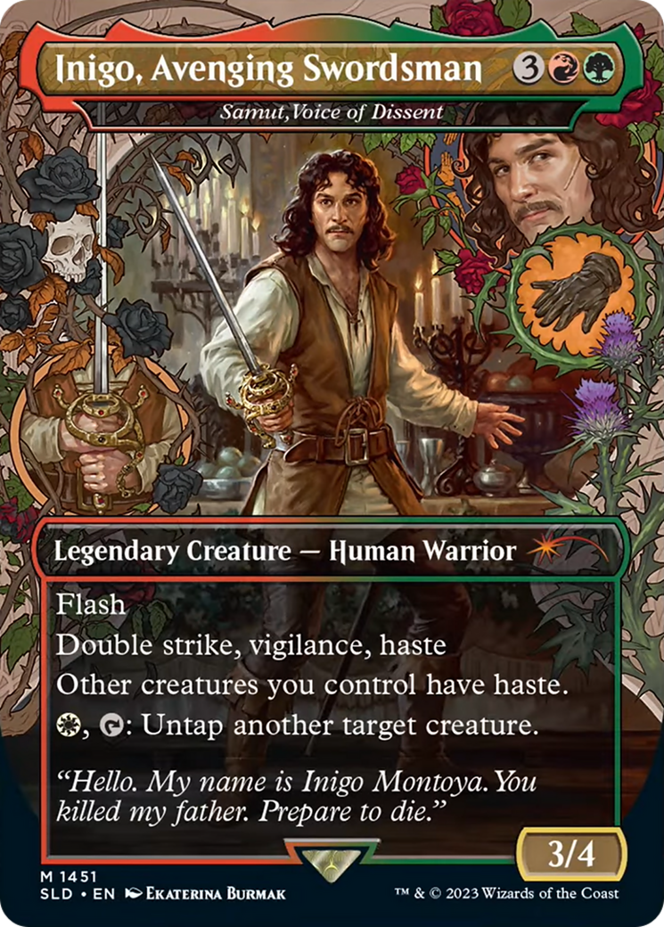 Inigo, Avenging Swordsman - Samut, Voice of Dissent (SLD-1451) - Secret Lair Drop / Inigo, Avenging Swordsman (Borderless) Foil