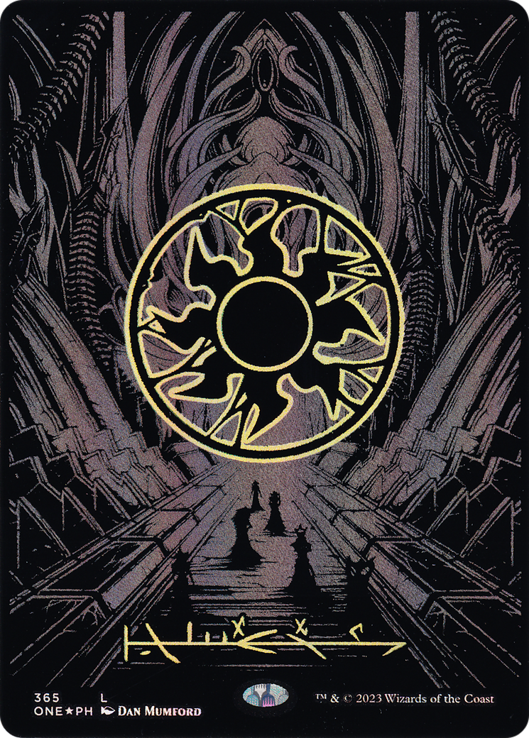 Plains (Phyrexian) - Full Art (Oil Slick Raised Foil) (ONE-365) - Phyrexia: All Will Be One (Borderless) Foil