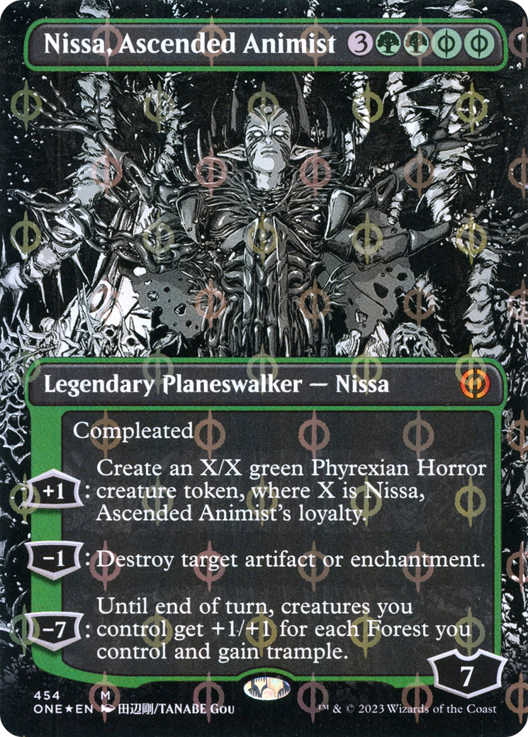 Nissa, Ascended Animist (Borderless) (Step-and-Compleat Foil) (ONE-454) - Phyrexia: All Will Be One: (Showcase) (Borderless) Foil