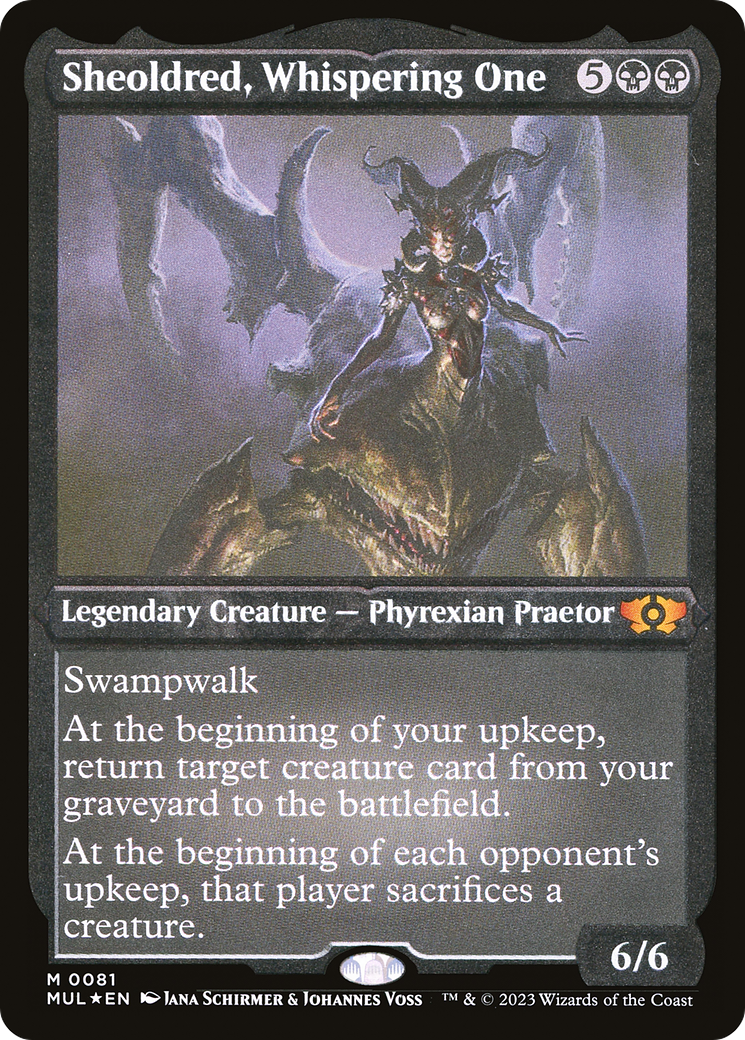 Sheoldred, celui qui murmure (MUL-081) - Feuille gravée Multiverse Legends