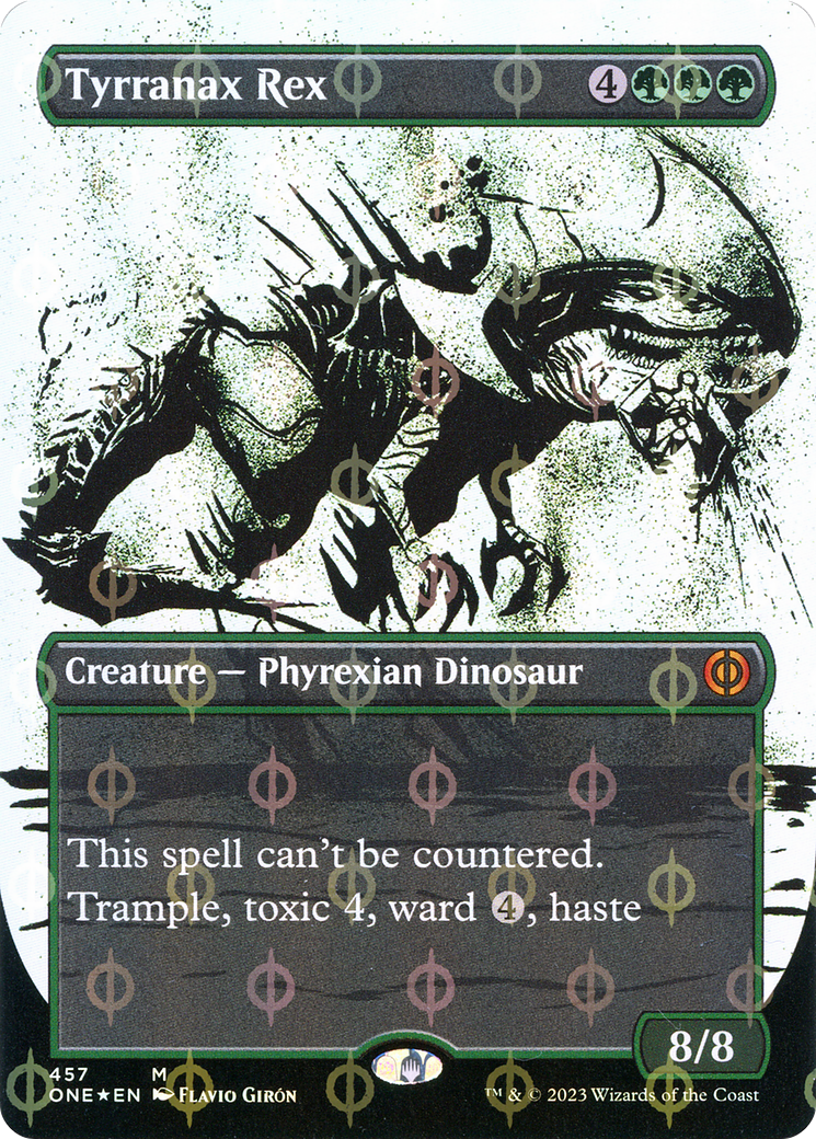 Tyrranax Rex (Showcase) (Step-and-Compleat Foil) (ONE-457) - Phyrexia: All Will Be One: (Showcase) (Borderless) Foil